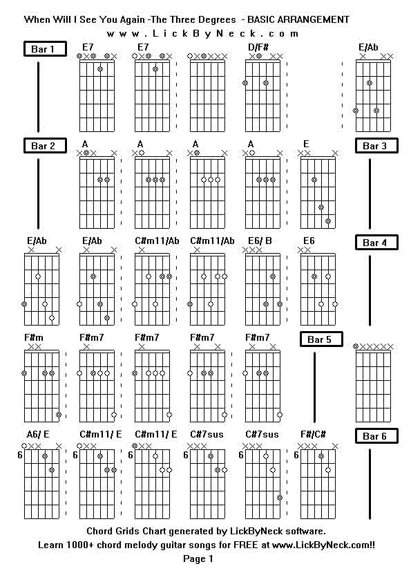 Chord Grids Chart of chord melody fingerstyle guitar song-When Will I See You Again -The Three Degrees  - BASIC ARRANGEMENT,generated by LickByNeck software.